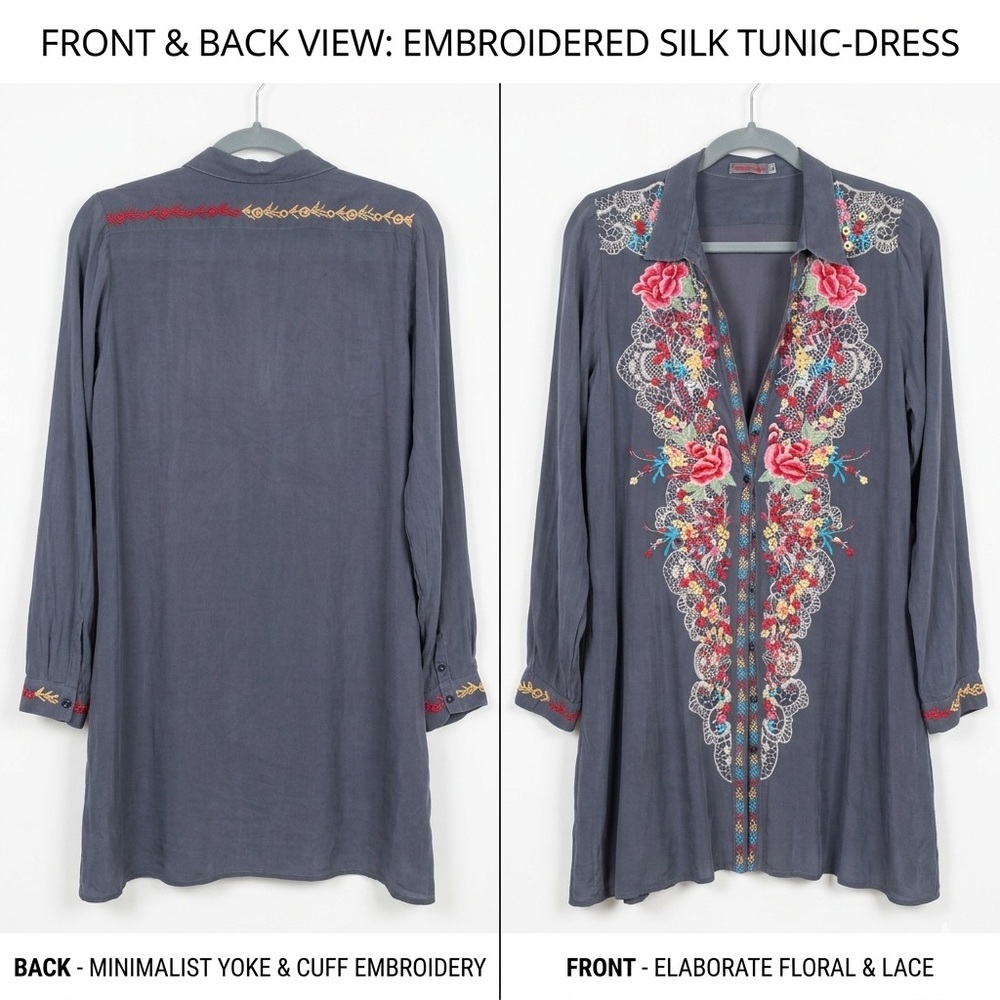 Johnny Was Embroidered Cupra Tunic Dress - Charcoal Floral & Lace - Size S